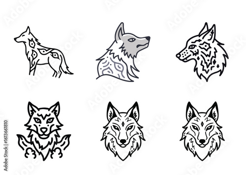 Set of Six Stylized Wolf Illustrations in Black and White Graphic Design