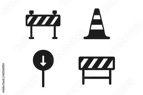 Road work icon set. Traffic barrier, safety cone, and barricade silhouettes. Under construction vector symbols for road safety, warning signs, and urban planning. Traffic control.