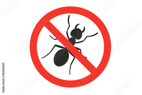 No ants vector sign for insecticide. Anti-ant warning symbol. Prohibited red circle icon with an insect silhouette. Pest control, sanitation, and hygiene concept.