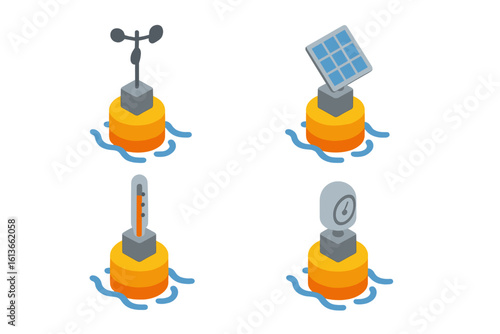 Weather buoy isometric icon set. Marine meteorology and oceanography data collection station. Scientific equipment with anemometer, solar panel, thermometer, barometer.