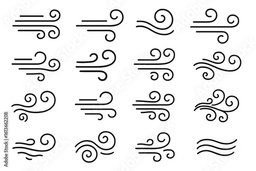 Wind line doodle symbols. Breeze icons collection. Swirl patterns and decorative air element designs. Weather forecast blowing wind pictogram set. Vector illustration.