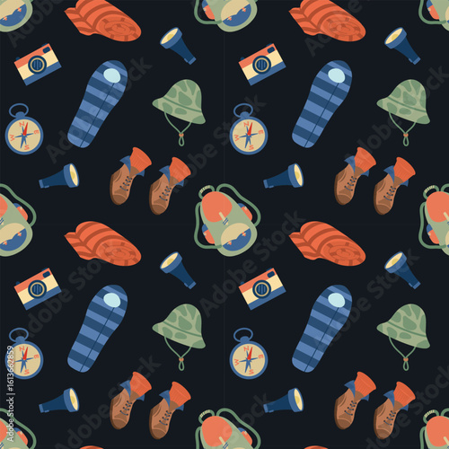 Camping Essentials  Seamless Pattern with Dark Background