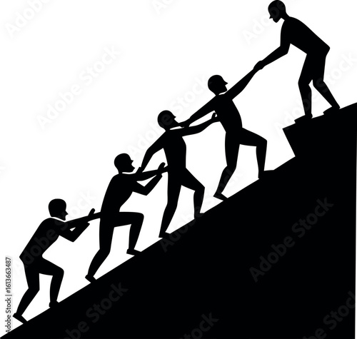 Vector art of a silhouette of a team is climbing a hill, helping each other to reach the top, isolated on white background