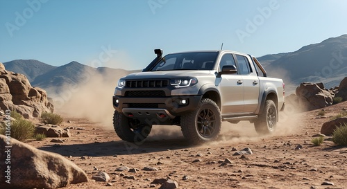 White pickup truck speeding through a dusty off-road desert trail surrounded by rocky terrain and mountains under a clear blue sky. Rugged adventure and outdoor exploration.