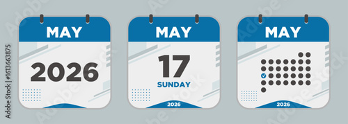 Modern Calendar icon. May. 2026 17 day. The concept of waiting for an important date. Day calendar with date May 17. Cheklist day calendar. Vector illustration
