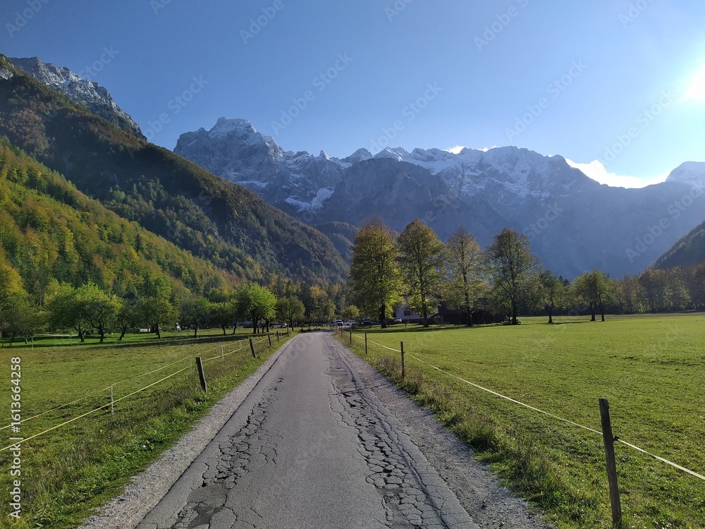 Fototapeta premium Scenic Mountain Road with Valley and Alpine Peaks