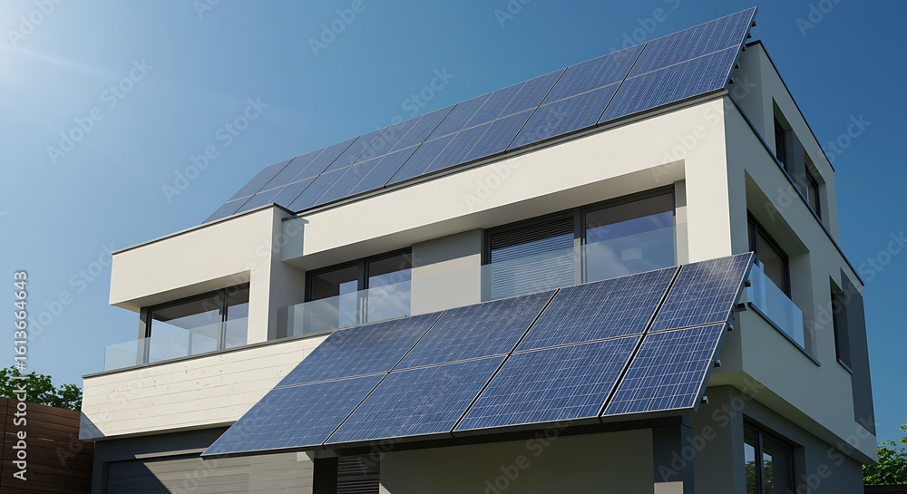 Fototapeta premium Solar panels adorn a modern city building's roof, reflecting the blue sky and urban architecture
