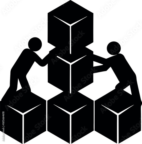 Vector art of a silhouette of people working together to build a structure of blocks, symbolizing teamwork and collaboration, isolated on white background