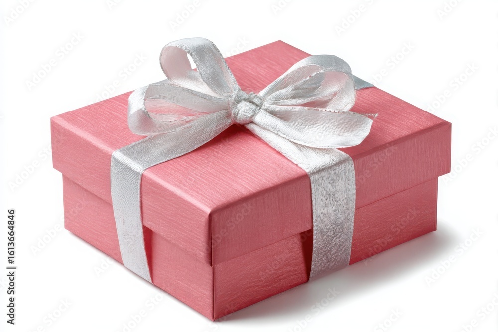 Obraz premium A small pink gift box tied with a silver ribbon and bow isolated on white background
