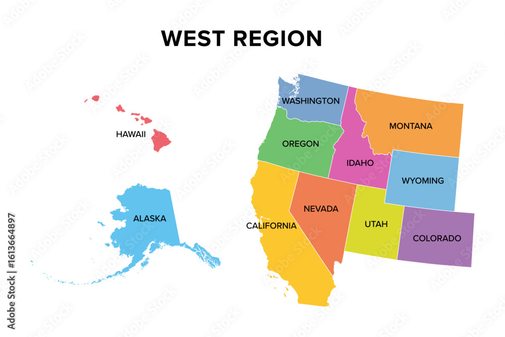 Obraz premium West region of the United States, multi colored map. Geographic region of the USA, consisting of nine contiguous states, the semi-exclave Alaska, and the archipelago of Hawaii in the Pacific Ocean.