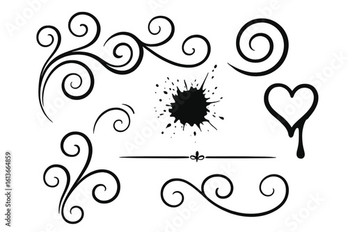 Elegant black ink flourish swirls, ornate curly dividers, grunge splatter blot, dripping heart emblem, vintage tattoo ornament accents, decorative vector elements for invitations posters logos comics
