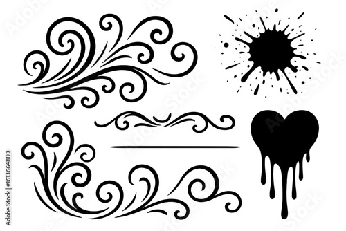 Ornamental swirl flourishes, ink splatter stain, dripping heart silhouette, elegant vintage divider, abstract tattoo and comic effect decorative vector elements set illustration