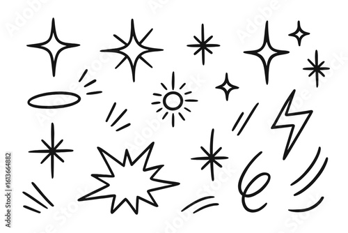Cartoon sparkle and burst doodle set—you can copy space beams, twinkle stars, comic zap lightning, explosion boom shapes, minimal outline flash accents for manga, kids poster, pop art design projects