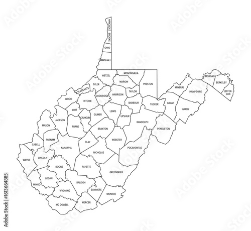 State of West Virginia, subdivided into 55 counties, outline map. State in the Southeastern and Mid-Atlantic regions of United States, nicknamed Mountain State. Contours with county names and borders.