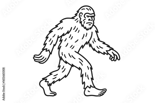 Mythical Bigfoot cryptid silhouette, walking Sasquatch line art, mysterious forest creature illustration, wilderness folklore legend, black outline, paranormal exploration, cryptozoology concept