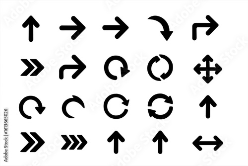 Bold directional arrow icon set for web navigation UI, cursor pointer, infographic flow, loop reload, rotation, forward movement, right angle turn, curved circular motion, black glyph sign collection