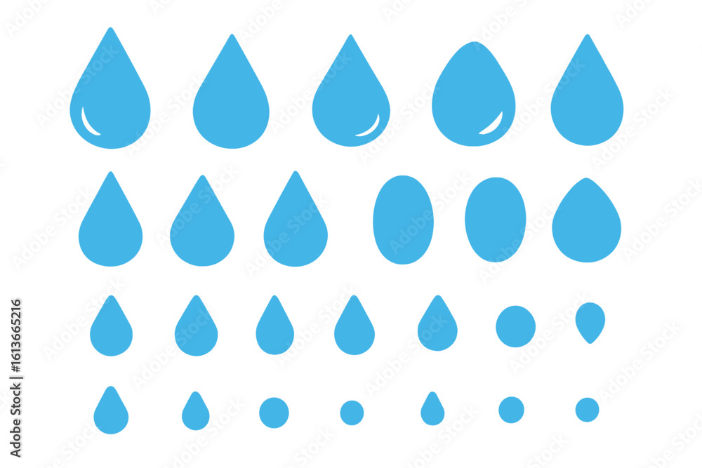 Water Droplet Icon Set Vector — Glossy Blue Liquid Drops, Different Shapes and Sizes, Raindrop Symbols, Splash Elements, Transparent Background, UI Weather App Pictogram Pack Water Droplet Icon Set Vector — Glossy Blue Liquid Drops, Different Shapes and Sizes, Raindrop Symbols, Splash Elements, Transparent Background, UI Weather App Pictogram Pack