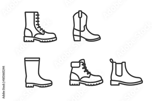 Heavy-duty boot outline icon set—combat, cowboy, hiking, work, rain, Chelsea footwear collection—rugged shoes, protective gear, outdoor fashion, farm and construction safety vector illustration