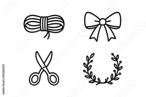 Botanical arrangement accessories icon set in clean outline style – craft twine coil, gift ribbon bow, florist scissors, laurel leaf wreath element – minimal vector symbols for DIY floral design
