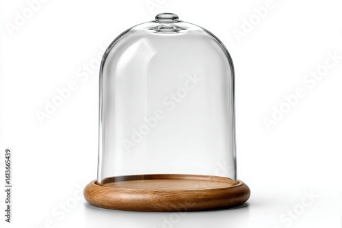 Clear glass bell jar cloche with wooden base isolated on white background