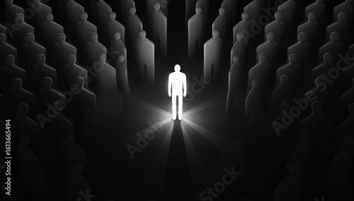A single illuminated figure standing out from a large, dark crowd of figures, perfect for illustrating leadership, having a unique idea, or inspiration