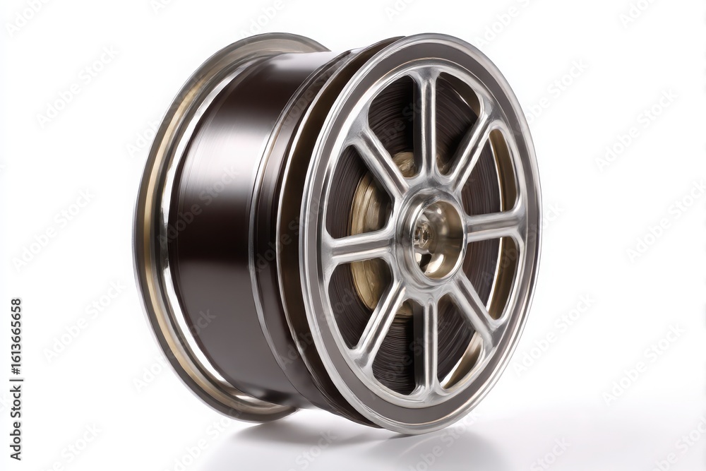 Fototapeta premium Close up of a polished chrome alloy car wheel with a complex spoke design isolated on white background