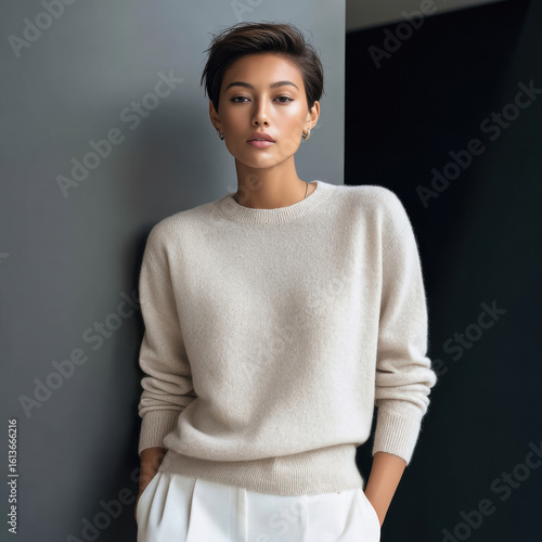 short hair female model in round sweater