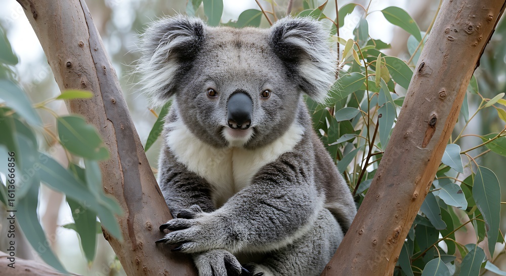 Fototapeta premium Adorable koala bear resting comfortably in eucalyptus tree branches