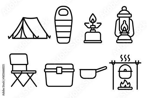 Camping gear outline icons set—backpacking tent, mummy sleeping bag, portable gas stove, kerosene lantern, folding camp chair, insulated cooler box, saucepan, campfire cooking pot—vector illustration