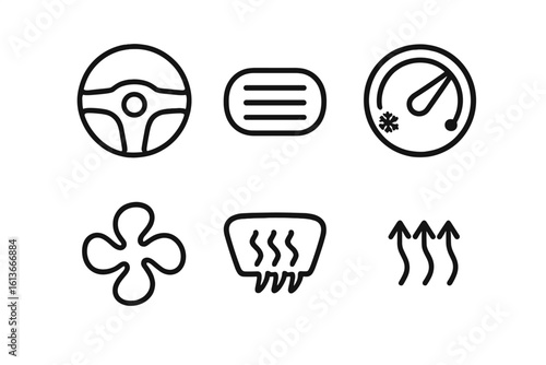 Automotive climate control outline icon set, steering wheel cruise control, dashboard AC vents, temperature gauge, cabin fan, windshield defrost, heated air arrows, minimalist black stroke vector
