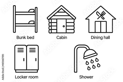 Summer camp facility outline icons set – bunk bed accommodation, wooden log cabin lodging, dining hall mess building, locker room storage, shower bath, simple linear black pictograms isolated