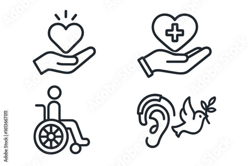 Charity and Healthcare Line Icons Collection—Hand Giving Heart Donation, Medical Aid, Disabled Wheelchair Support, Ear Deaf Hearing Loss Peace Dove Symbol—Compassion, Accessibility, Social Care