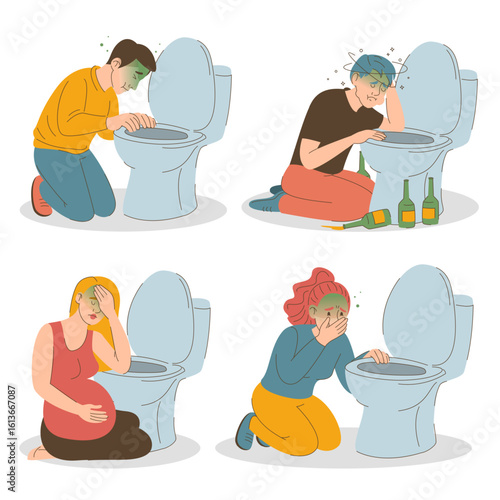 People suffering from nausea in toilet vector isolated. Food poisoning, pain in stomach. Women and men with intoxication. Unhealthy condition.
