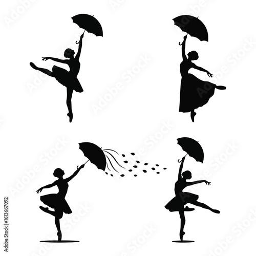 Ballet dancers with umbrellas in motion silhouettes