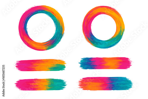 Vibrant rainbow brush stroke set – circular swirl frames and horizontal paint stripes, colorful abstract acrylic texture backgrounds for poster, logo, web banner, creative design elements
