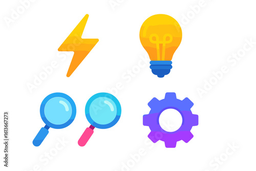 Vibrant lightning bolt, glowing lightbulb, duo magnifying glasses, and gradient cog vector icons — energy power, bright idea innovation, search exploration, settings technology concept symbols set
