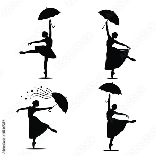 Ballet dancers with umbrellas silhouette black