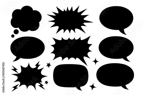 Blank comic speech bubbles collection, explosive starbursts, retro Pop-Art bang shapes, empty talk balloons and thought clouds silhouette set for storyboard, manga dialogue, graphic design assets