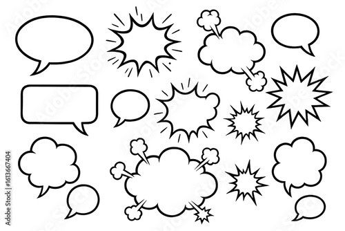 Comic book speech bubbles, explosion bursts, cartoon smoke clouds, blank dialogue balloons, retro pop art sound effects, dynamic frames, editable outline template for graphic design projects