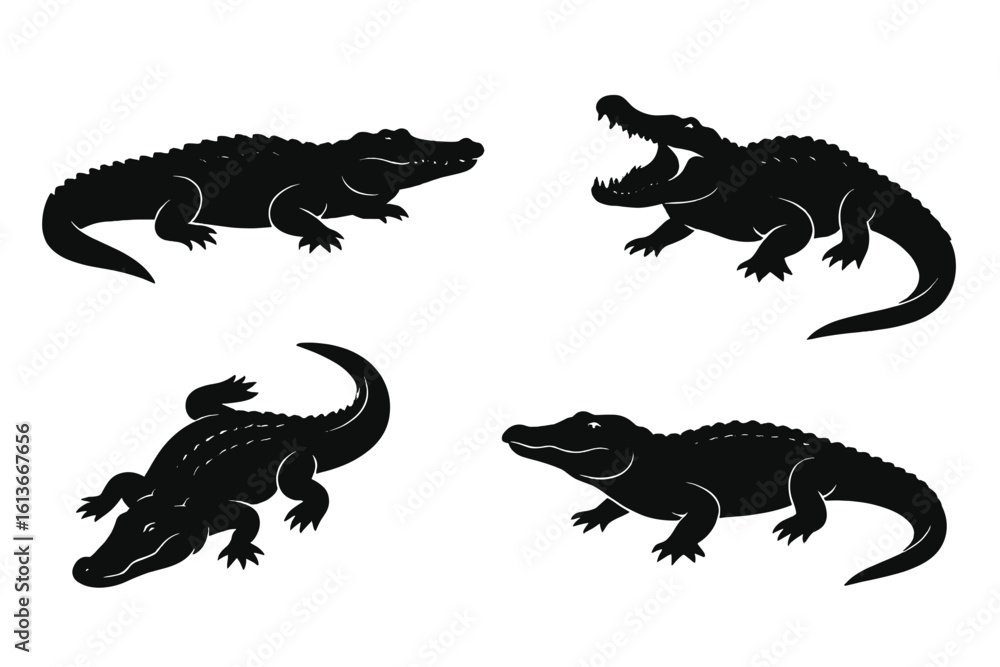 Naklejka premium Crocodile and Alligator Silhouette Set — Four Ferocious Reptile Icons in Different Poses, Predatory Wildlife Mascots for Swamp, Zoo, Adventure, Nature Education, Jungle Theme Graphics, Cut-Out Clipart