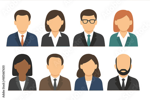 Business people avatar icon set. Flat design faceless characters. Vector illustration of diverse men and women for user profiles, corporate team, employee, or staff.
