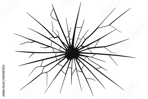 Exploding shattered glass hole vector illustration, broken window spotlight center impact, radial jagged cracks pattern, transparent background safety accident damage concept design