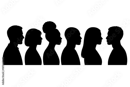 Diverse multiethnic people silhouettes side view line, men and women profile row, inclusive community, equality unity concept, black vector cutout isolated on white background