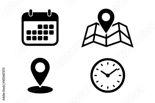 Time and place icon set. Calendar, map pin, address, clock symbols. Concept for appointment, event schedule, date reminder, location and destination. Vector glyph icons.