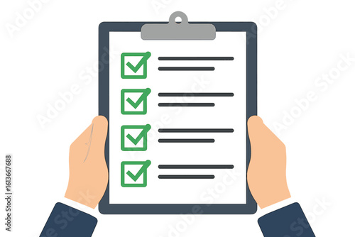 Businessman hands holding clipboard with checklist. Task done. To-do list completed. Successful project management. Concept of agreement, survey, contract signed and approved.