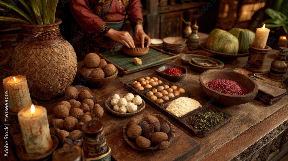 Fototapeta premium Food Preparation on Wooden Table with Ingredients and Candles