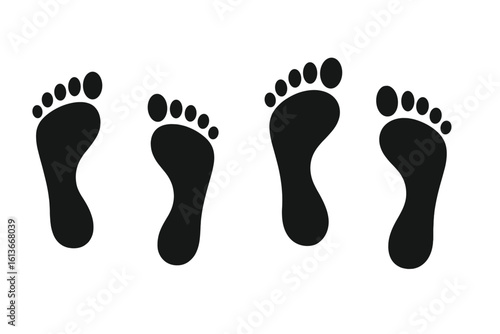 Footprint silhouettes set of four; black human bare feet prints isolated on white; forensic tracking, identity investigation, walking path, direction arrows, step pattern, podiatry logo concept vector