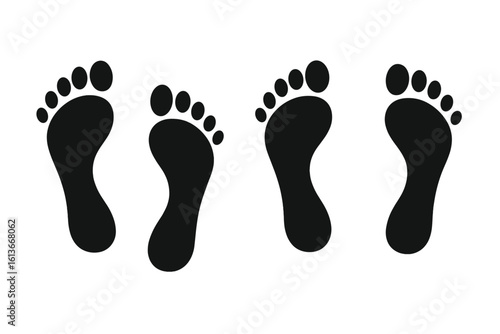 Human bare footprint silhouette set of four, black foot traces icons, walking path, step mark symbol, tracking evidence, forensic identity concept, transparent background vector illustration