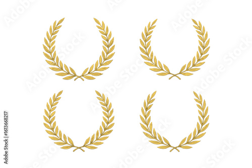 Golden laurel wreath set of 4 vector elements, luxury award emblem bundle, classic victory symbol, elegant achievement badge, prestigious honor trophy, isolated clipart on transparent background