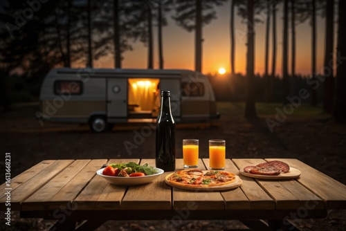 A delicious outdoor dinner is set up near a caravan in the forest at sunset